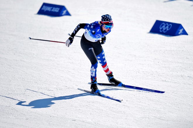Jesse Diggins hits the spot in the women's 30km cross-country ski freestyle at Zhangjiakou Cross Country Center.