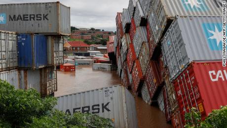 Shipping containers fell in heavy rain and wind in Durban.