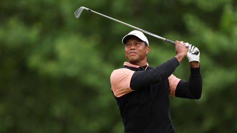 Woods plays his shot from his 14th tee during the third round of the 2022 PGA Championship.