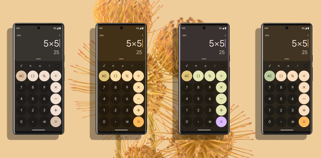 Four Android phones display a calculator with a different color each