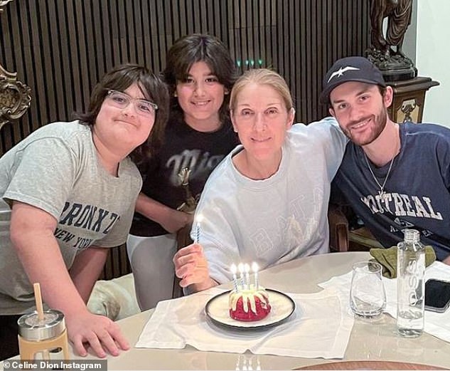 FAMILY: Celine Dion, 45, shared a rare glimpse of her sons (LR) twins Eddie, Nelson, 11, and Renee Charles, 21, at a Mother's Day celebration on Sunday as she paid tribute to her children in Ukraine