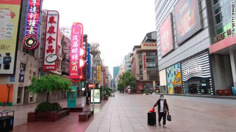 A pedestrian street on Nanjing Road is seen almost empty during the Labor Day holiday on May 1, 2022 in Shanghai, China. 