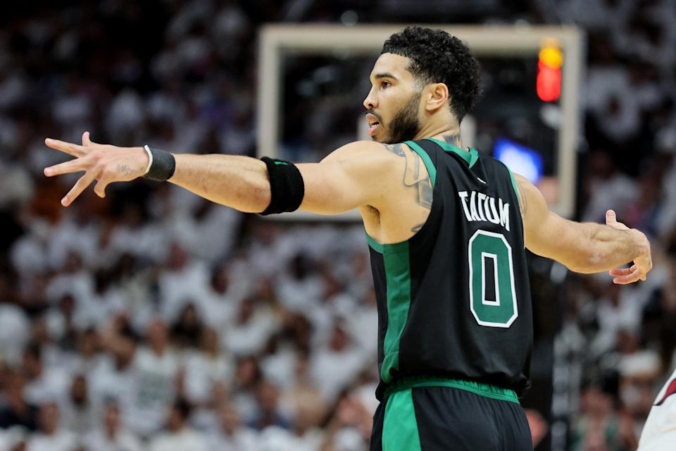 Boston Celtics star Jason Tatum responds to the Miami Heat during Game 5 of the Eastern Conference Finals at the FTX Arena in Miami on May 25, 2022 (Andy Lyons/Getty Images)