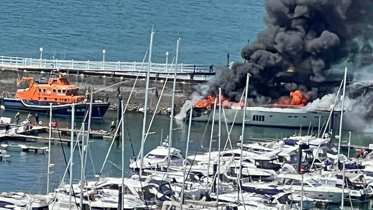 Firefighters struggled to put out the flames that broke out on the 85-foot-high ship.  Pic: Tanya Kotham