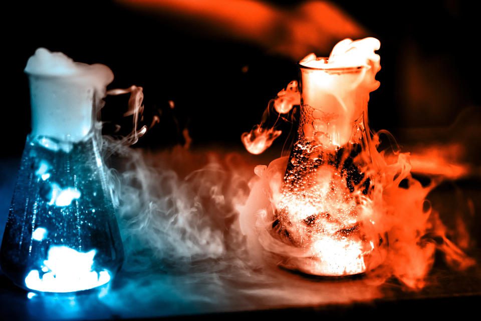 chemical reaction in flasks