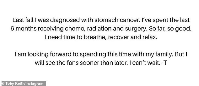 Keith (last name Covel) announced on Sunday: 'I've spent the past six months receiving chemotherapy, radiation and surgery.  So far, so good.  I need time to breathe, recover and relax.  I am looking forward to spending this time with my family.  But I will see the fans sooner rather than later.  I can not wait'