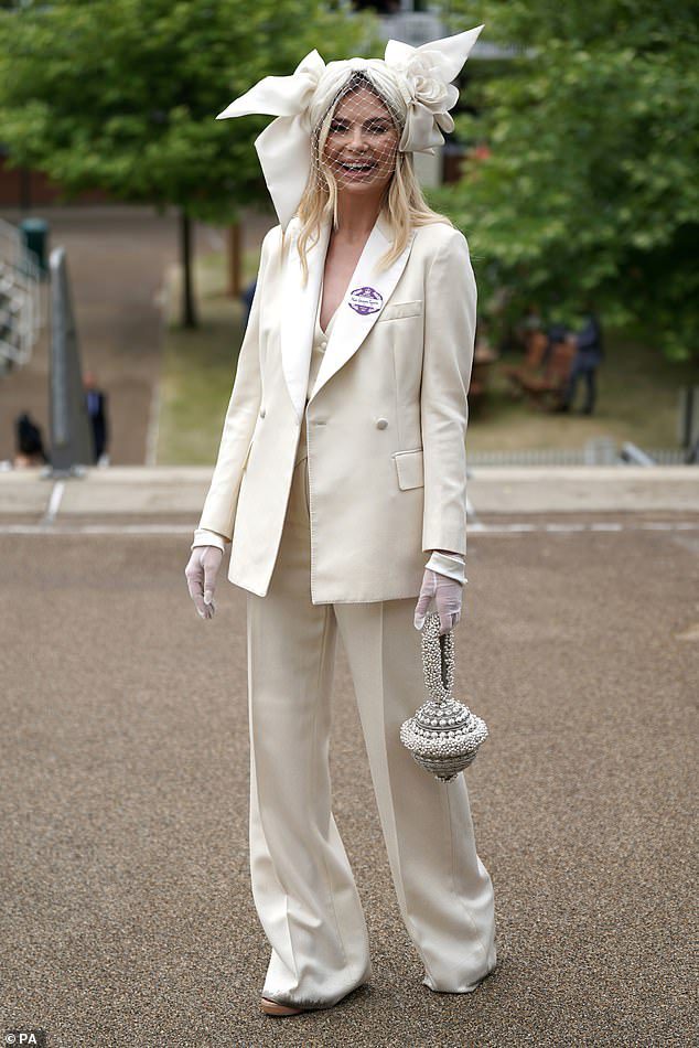 Georgia Tovolo wears an all-white suit during Day 5 of Royal Ascot at Ascot Racecourse