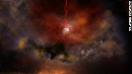 The artist's illustration shows a neutron star with an ultra-strong magnetic field, called a magnetar, that emits radio waves (in red). 