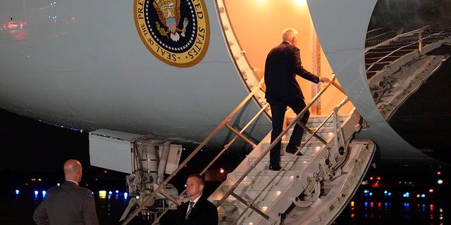 President Joe Biden boards Air Force One on a trip to Israel and Saudi Arabia, Tuesday, July 12, 2022, at Andrews Air Force Base, Maryland. 