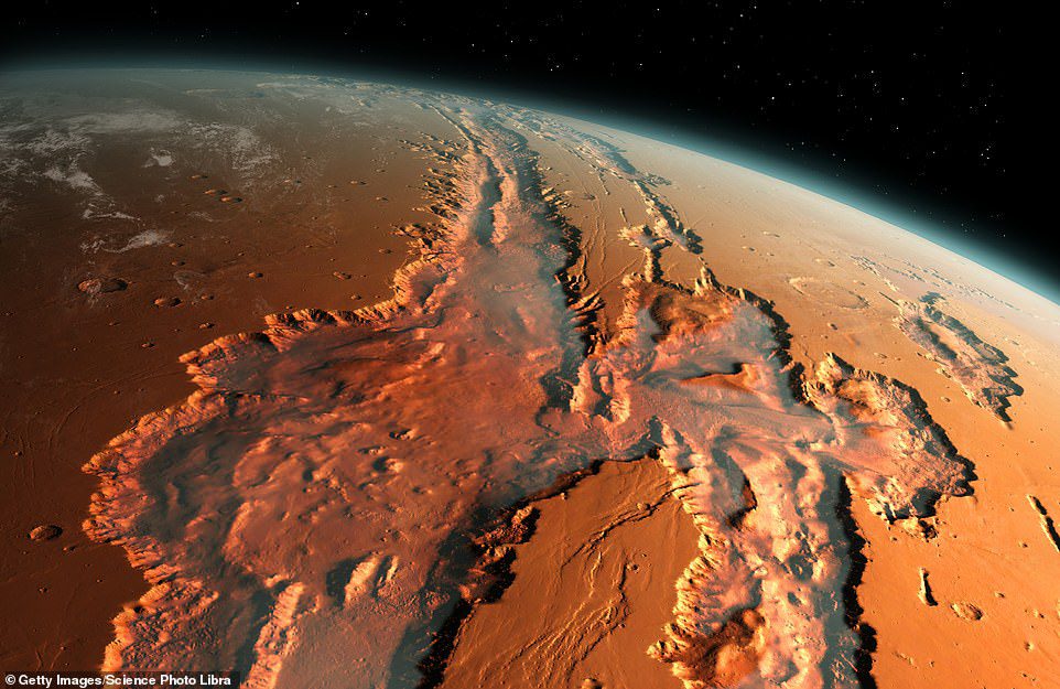Above is an illustration of a tilted view of the giant Valles Marineris Valley system on Mars.  The canyons were formed by a combination of geological faults, landslides, wind erosion, and ancient water flows