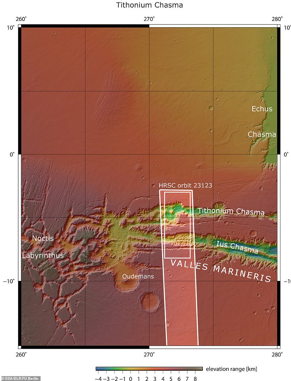 Lus and Tithonium Chasmata are seen above.  The area outlined in the dark white box indicates the area imaged by the Mars Express High Resolution stereo camera on April 21, 2022 during orbit.