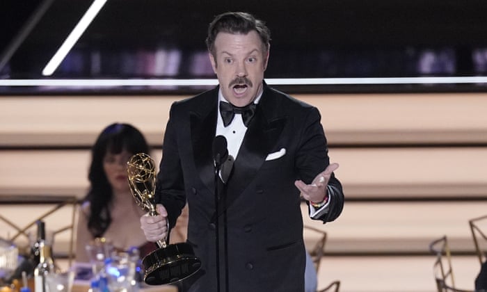 Jason Sudeikis accepts an Emmy for Outstanding Lead Actor in a Ted Lasso Comedy Series.