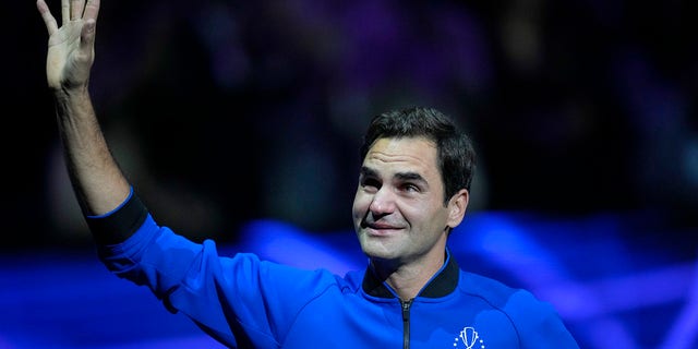 Roger Federer waves to the crowd after playing Rafael Nadal in the Laver Cup doubles match at the O2 Arena in London, Friday 23 September 2022. Federer's losing doubles match with Nadal was the end of a great career.