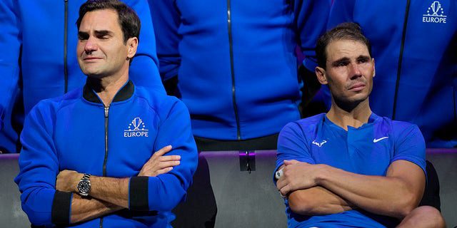 Roger Federer, left, of Team Europe, sits alongside Rafael Nadal after a Laver Cup double match against Jack Sock and Frances Tiafoe at the O2 Arena in London, Friday 23 September 2022. 