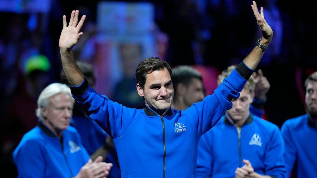 An emotional Roger Federer of Team Europe acknowledges the crowd after playing with Rafael Nadal in a Laver Cup doubles match against Team World