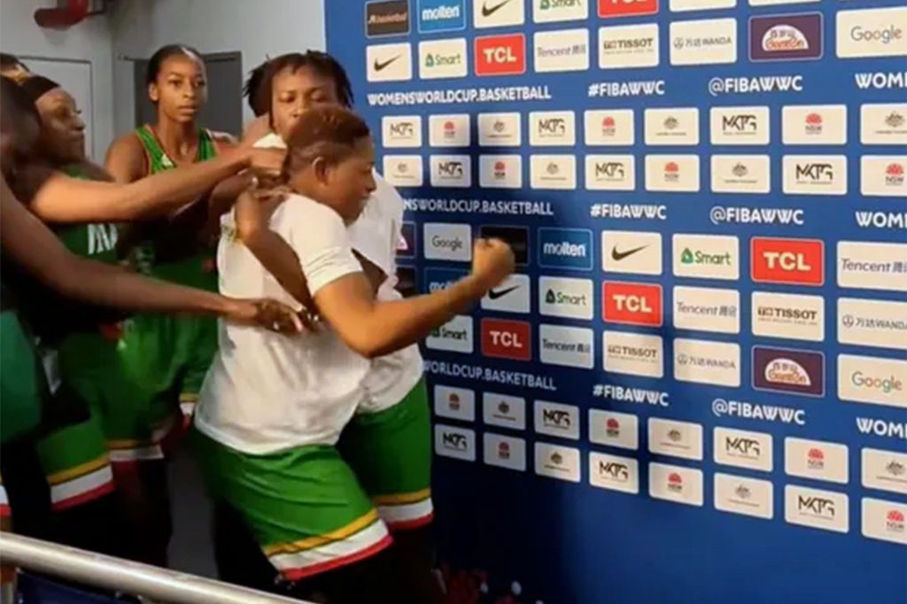 Two Malian players attack the press area at the Women's Basketball World Cup in Sydney.