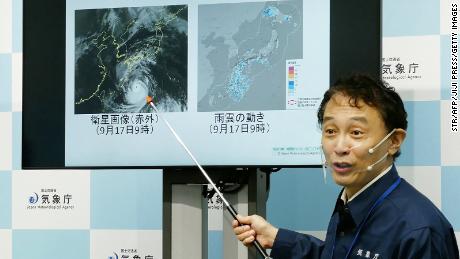 The director of the Japan Meteorological Agency's Forecast Division speaks during a press conference on Typhoon Nanmadol in Tokyo on September 17, 2022.