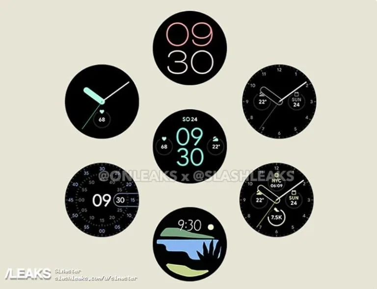 A leaked image from Google's Pixel Watch showing some watch faces.