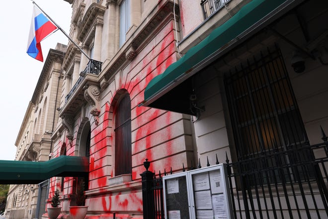 Red paint is seen spreading across the walls of the Russian Consulate after it was vandalized on September 30, 2022 in New York City.