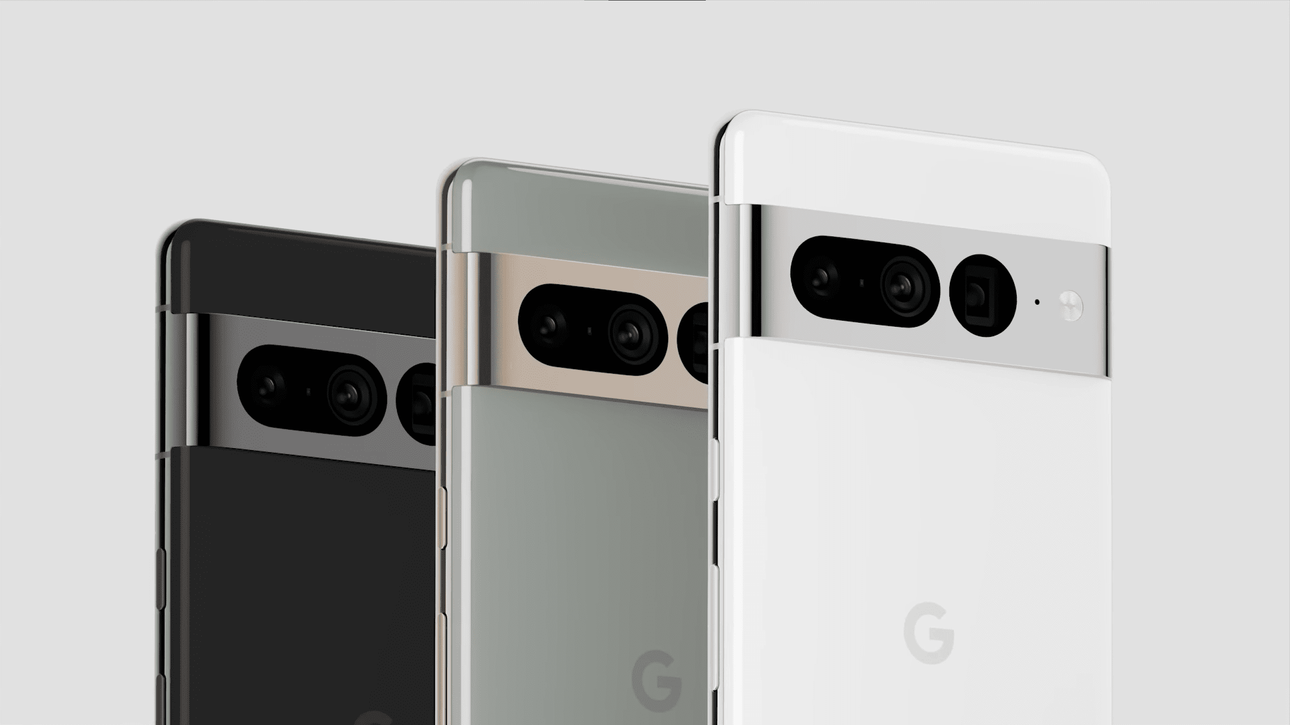 Google Pixel 7 Pro official render, shown three times in black, white and green