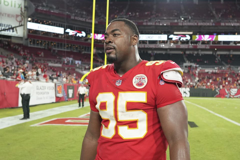The Kansas City Chiefs' defensive intervention Chris Jones (95) was on the wrong end of intimidating a bystander's call.  (Peter Joneleit via AP)