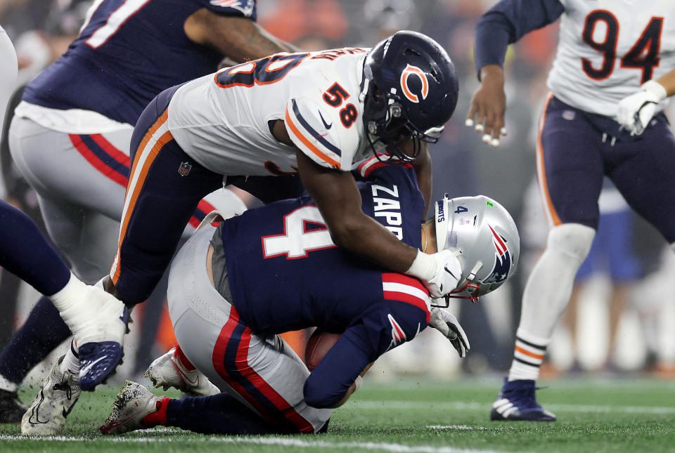 Chicago Bears' Rochuan Smith fires New England Patriots' Billy Zappy during Monday night's game.  (Photo by Maddy Meyer/Getty Images)