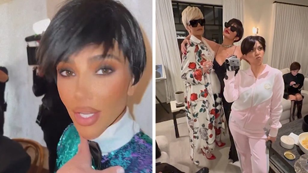 The Kardashian sisters dress up as Kris Jenner to their Christmas party