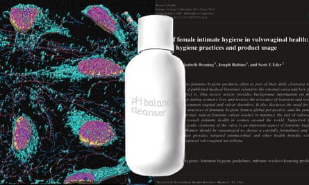 Illustration showing a vaginal cleanser along with a research paper and photo of the microbes.