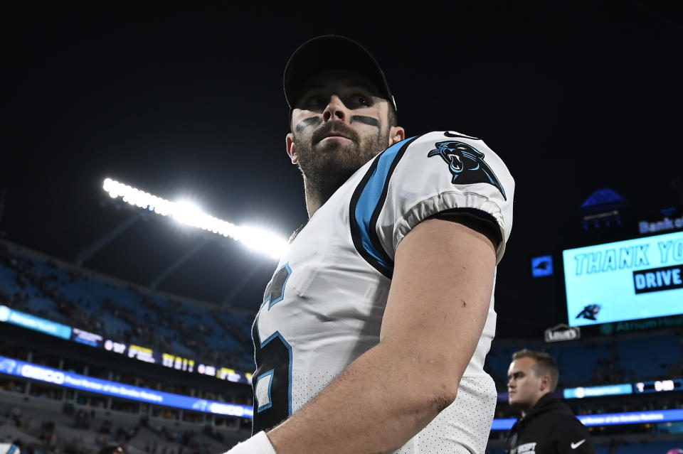 CHARLOTTE, NC - OCTOBER 9: Carolina Panthers #6 Baker Mayfield walks off the field after losing to the San Francisco 49ers at Bank of America Stadium on October 09, 2022 in Charlotte, North Carolina.  (Photo by Eiken Howard/Getty Images)