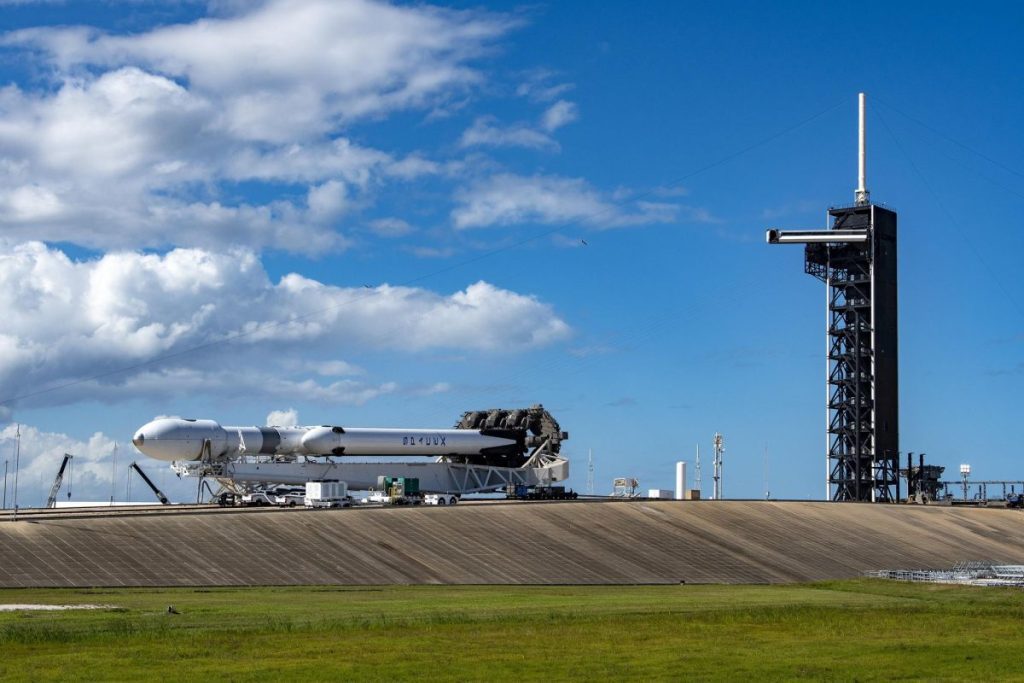 SpaceX rolls its Falcon Heavy rocket out to Launch Pad 39A at NASA