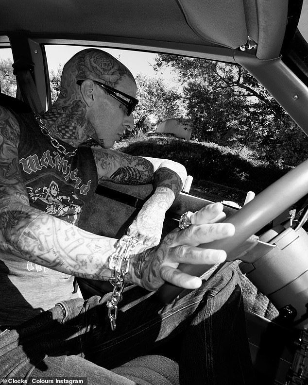Going for a car ride: Like his sisters-in-law Kendall and Kylie Jenner, Travis is a major car enthusiast, so he included a shot of himself behind the wheel to show off a variety of new items, including a simple chain necklace, his dangling bracelet and his skull ring chain