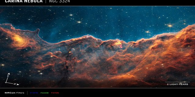 Image of the cosmic cliffs, a region at the edge of a gas giant cavity within NGC 3324, taken by the Near Infrared Webcam (NIRCam), with compass arrows, scale bar and color key for reference.  The north and east compass arrow shows the image's direction in the sky.  Note that the relationship between north and east in the sky (as seen from below) is inverted relative to the directional arrows on the Earth map (as seen from above).  The scale bar is indicated in light years, which is the distance light travels in one Earth year.  Light takes two years to travel a distance equal to the length of the tape.  One light year is about 5.88 trillion miles or 9.46 trillion kilometers.  This image shows the near-infrared wavelengths of light translated into the colors of visible light.  The color key shows the NIRCam filters that were used when collecting the light.  The color of each filter name is the color of the visible light used to represent the infrared light passing through that filter.  Webb's NIRCam was built by a team at the University of Arizona and Lockheed Martin's Advanced Technology Center.